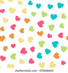 Seamless pattern with hearts of fresh colors on a white background. Vector repeating texture.
