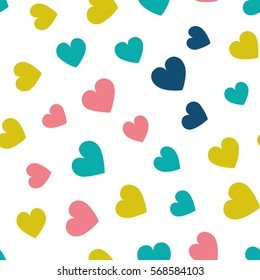 Seamless pattern with hearts of fresh colors on a white background. Vector repeating texture.