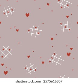 Seamless pattern with hearts, game tic tac toe with hearts. Hand drawn vector illustration for Valentine's Day.