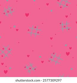 Seamless pattern with hearts, game tic tac toe with hearts. Hand drawn vector illustration for Valentine's Day.