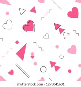 Seamless pattern of hearts an geometric elements. Vector background. Valentine's day illustration.