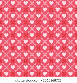 Seamless pattern of hearts and geometric shapes in pink shades. Design for Valentine's Day, wedding and mother’s day celebration, greeting cards, home decor, textile, wrapping paper, scrapbooking.