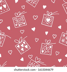 Seamless pattern of hearts and gift boxes. Hand drawing outline doodles. Suitable for wrapping paper,St. Valentine's Day background, greeting card. Stock vector illustration.