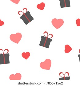 Seamless pattern with hearts and gift boxes. Vector illustration