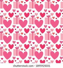 Seamless pattern with hearts, gift in pink color scheme