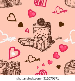 Seamless pattern with hearts and gifts boxes. Decorative background with hearts and gift box. Romantic background. Greeting design. Use it for birthdays and Valentines Day design.