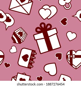 Seamless pattern with hearts, gifts, cake, calendar, letter. Scrapbooking Elements for cards, prints, stickers, wallpaper, fabric, textile, gift paper. Love, wedding and Valentine's day