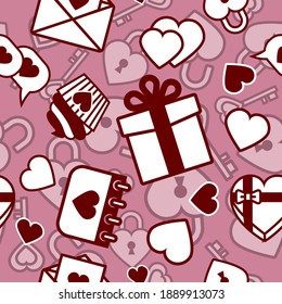 Patrón sin inconvenientes con corazones, regalos, tarta, calendario, carta, cerradura y llave. Elementos de reserva de fichas para tarjetas, impresiones, pegatinas, papel tapiz, tela, textil, papel de regalo. Amor, boda y día de San Valentín