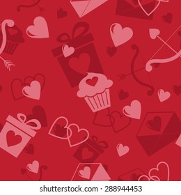 Seamless pattern with hearts gifts and cupcakes. Vector illustration