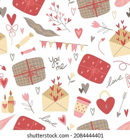 Seamless pattern with hearts and gifts. Hand-drawn in doodle style.