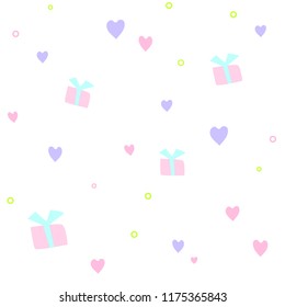 Seamless pattern with hearts and gifts in pastel colors. Great for wallpaper and gift wrapping, textiles, fabrics. Also can be used as a background for different types of design
