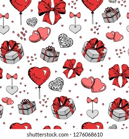 Seamless pattern with hearts, gifts and ribbon bows. Hand drawn vector illustration.