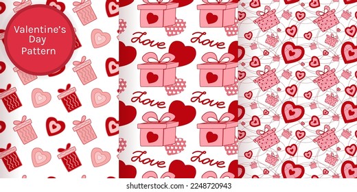 Seamless pattern with hearts and gifts. Vector illustration. Romantic print for valentines day. Cute design for cover, books, brochures, templates, banner, fabric for textile, craft and papers.
