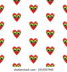 Seamless pattern of hearts in glasses, faces with smiles. Abstract funny cute comic vector pattern. Colorful fashion illustrations on a white background. Cartoon style, flat design. For prints, cards.