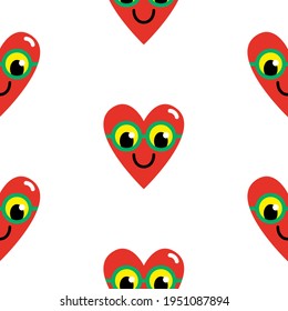 Seamless pattern of hearts in glasses, faces with smiles. Abstract funny cute comic vector pattern. Colorful fashion illustrations on a white background. Cartoon style, flat design. For prints, cards.