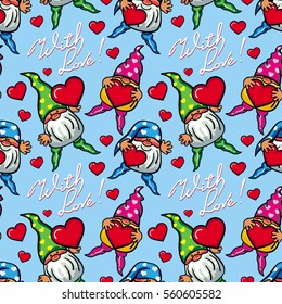 Seamless pattern with hearts, gnomes and sign "With love!". Funny background for holiday decorations, greetings, Valentine day and birthday cards, wrapping paper. Vector clip art.