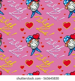 Seamless pattern with hearts, gnomes and sign "With love!". Funny background for holiday decorations, greetings, Valentine day and birthday cards, wrapping paper. Vector clip art.