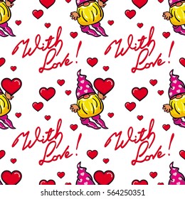 Seamless pattern with hearts, gnomes and sign "With love!". Funny background for holiday decorations, greetings, Valentine day and birthday cards, wrapping paper. Vector clip art.
