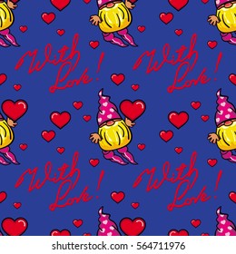 Seamless pattern with hearts, gnomes and sign "With love!". Funny background for holiday decorations, greetings, Valentine day and birthday cards, wrapping paper. Vector clip art.