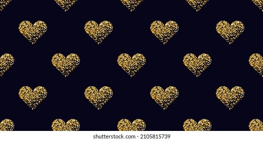 Seamless pattern of hearts with gold glitter effect on a dark background. Happy Valentine's Day concept.