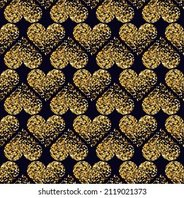 Seamless pattern of hearts with gold glitter effect on a dark background. Happy Valentine's Day concept.