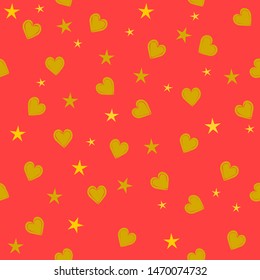 seamless pattern with hearts gold yellow and coral red color, vector drawing