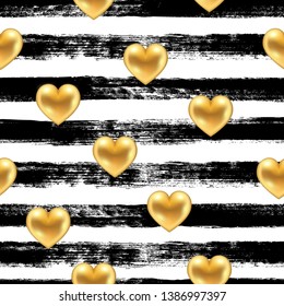 Seamless pattern of hearts. Golden hearts on hand drawn ink stripes. Pattern can be used for textile,print fabric, wallpaper,graphic design. Love, Valentine, wedding theme. Eps10