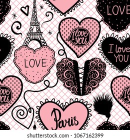 Seamless pattern of hearts hand draw and the Eiffel tower. Vector illustration isolated on white background. ?ute black and pink palette color.