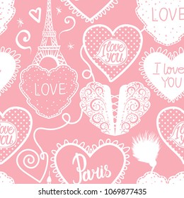 Seamless pattern of hearts hand draw and the Eiffel tower. Vector illustration isolated on white background. Cute white and pink palette color.