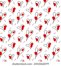 Seamless pattern of hearts, hand drawn in one line, doodle, seamless pattern. Vector illustration EPS