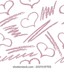 Seamless pattern of  hearts in hand drawn style by crayon. Background of Valentine's day. Vector illustration