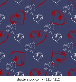Seamless pattern of hearts. Hand-drawing on a blue background.