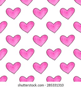 Seamless pattern with hearts. Hand-drawn background. Vector illustration. Real watercolor drawing. St. Valentines Day