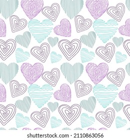 A seamless pattern of hearts, hand-drawn elements on a white background. Happy Valentine's Day. Cute hearts with different textures.