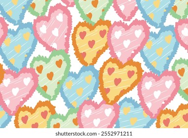 Seamless pattern of hearts in hand-drawn style. Cute illustration in colorful flowers. Fragment of print screen in flat style. Background in gentle and cute drawings. EPS10