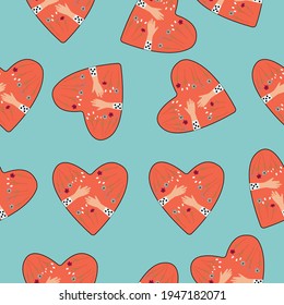 Seamless pattern of hearts with hands embracing your heart. Vector illustration of self love concept 
