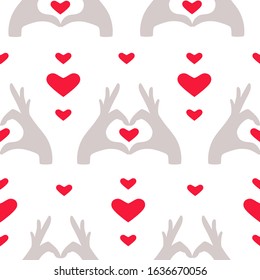 Seamless pattern with hearts. Hands holding a heart. Vector illustration