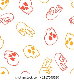 Seamless pattern hearts, hands and skulls. Print for the cover of the book, postcards, t-shirts. Illustration for rugs. Decorative element. Figure for textiles. Repeating texture.