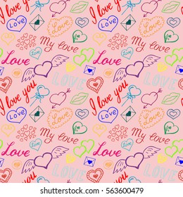 Seamless pattern of hearts and handwriting. valentines day on a background