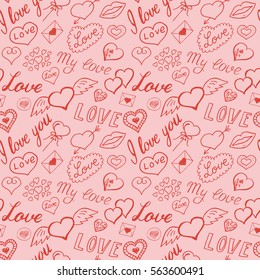 Seamless pattern of hearts and handwriting. valentines day on a background