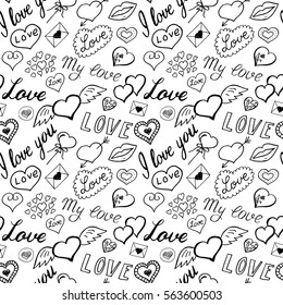 Seamless pattern of hearts and handwriting. valentines day on a background