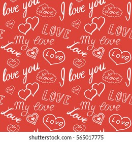 Seamless pattern of hearts and handwriting. valentines day on a background
