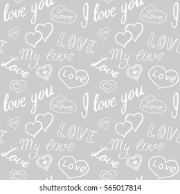 Seamless pattern of hearts and handwriting. valentines day on a background
