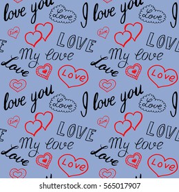 Seamless pattern of hearts and handwriting. valentines day on a background
