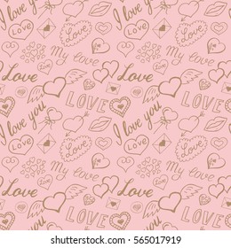 Seamless pattern of hearts and handwriting. valentines day on a background
