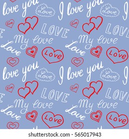 Seamless pattern of hearts and handwriting. valentines day on a background
