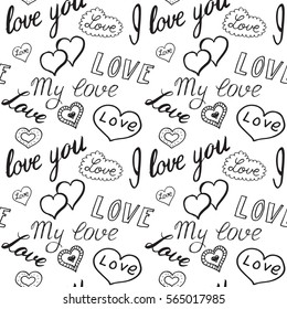 Seamless pattern of hearts and handwriting. valentines day on a background
