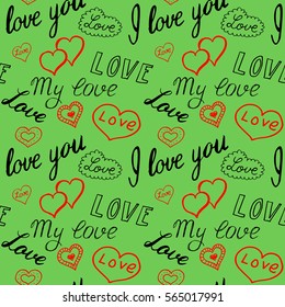 Seamless pattern of hearts and handwriting. valentines day on a background
