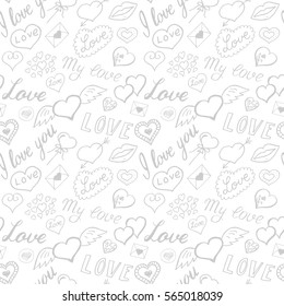 Seamless pattern of hearts and handwriting. valentines day on a background
