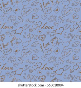 Seamless pattern of hearts and handwriting. valentines day on a background
